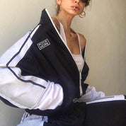 Alphabet Embroidered Colorblock Zip Casual Set My Store