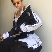 Alphabet Embroidered Colorblock Zip Casual Set My Store