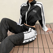 Alphabet Embroidered Colorblock Zip Casual Set My Store