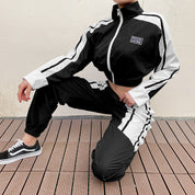Alphabet Embroidered Colorblock Zip Casual Set My Store