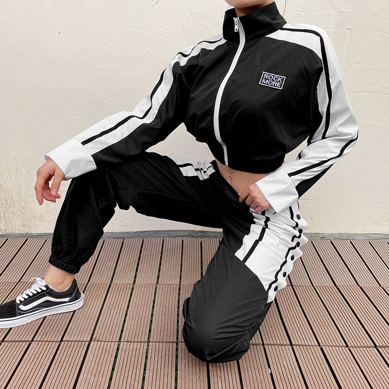 Alphabet Embroidered Colorblock Zip Casual Set My Store