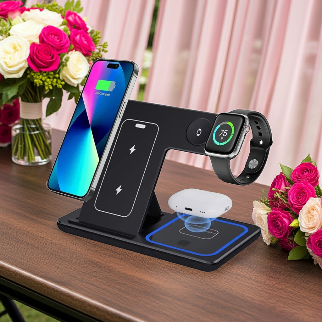 15W 3 In 1 LED Fast Wireless Charger Stand Foldable Charging Station NOOVAMUSE