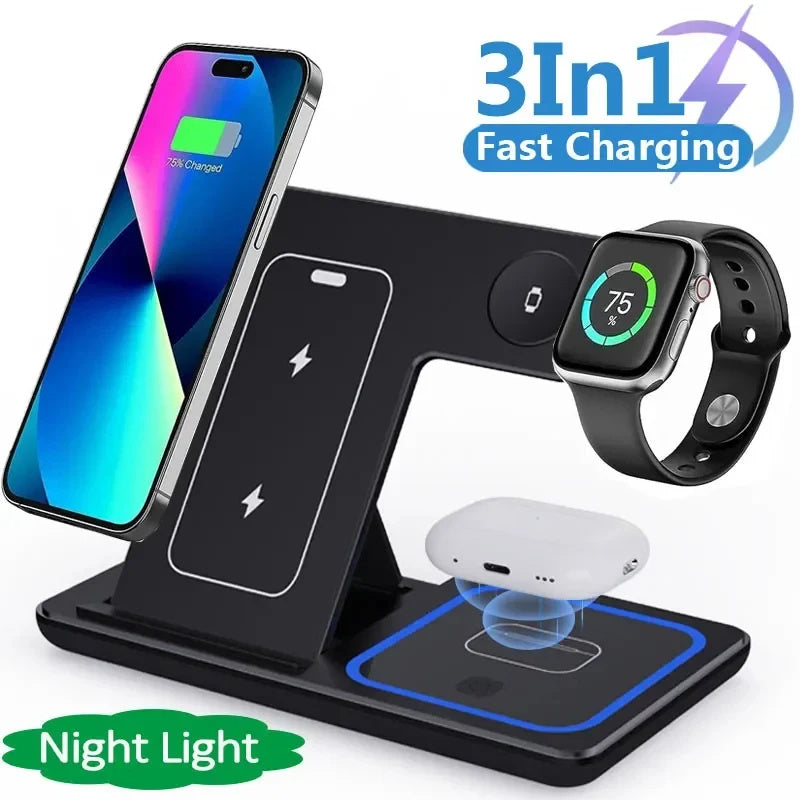 15W 3 In 1 LED Fast Wireless Charger Stand Foldable Charging Station NOOVAMUSE