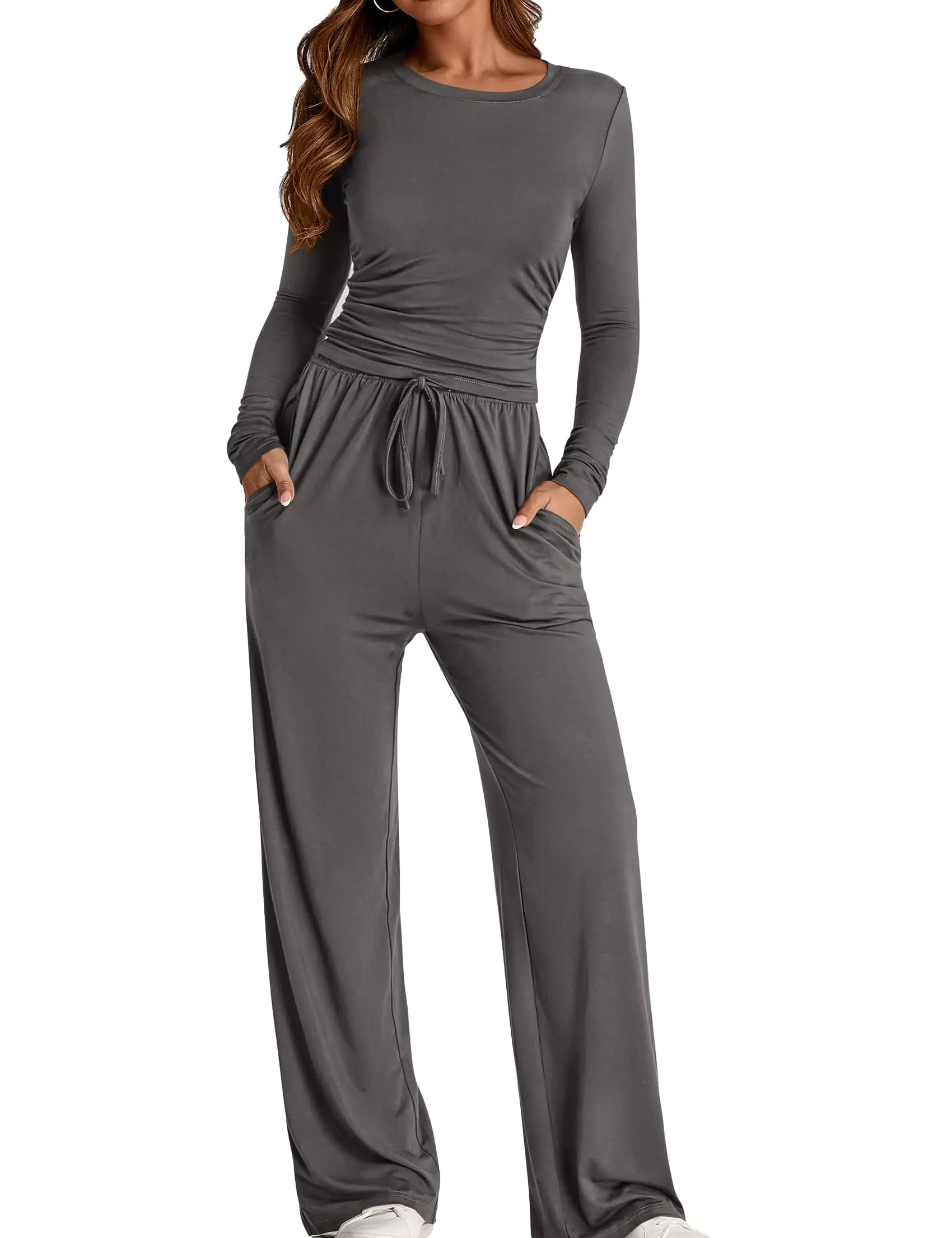 PRETTYGARDEN Womens Fall Two Piece Outfits Track Suits Long Sleeve Crop Tops Tee Shirts Wide Leg Pants Matching Lounge Sets (Dark GreySmall) NOOVAMUSE